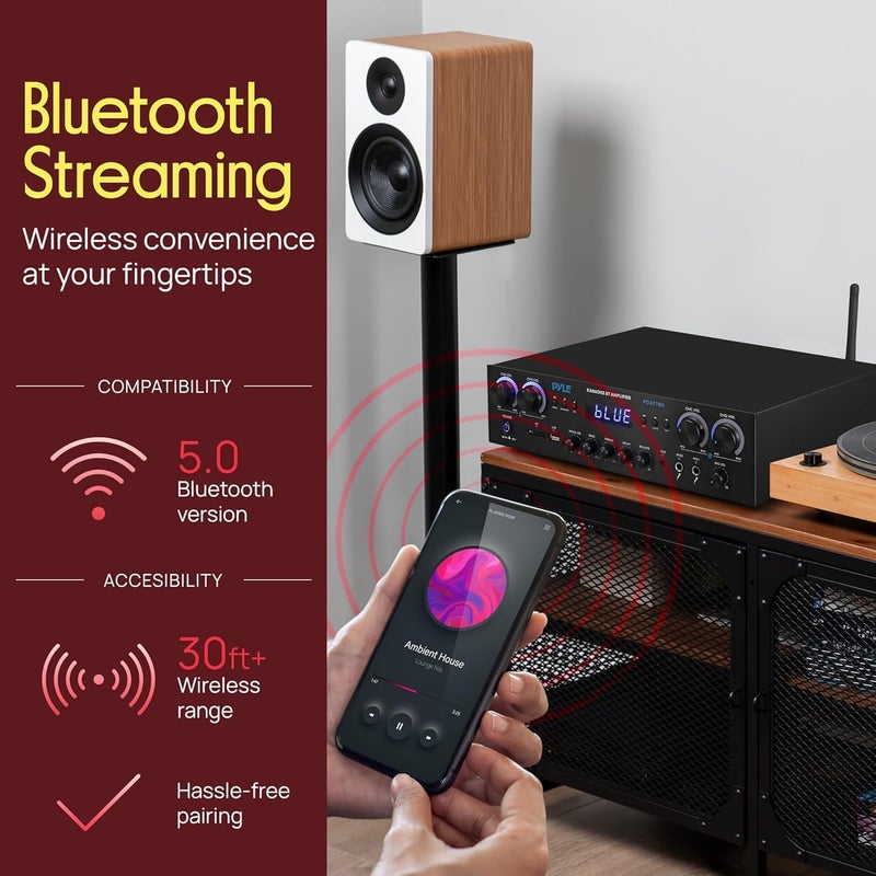 Pyle Bluetooth Home Stereo Amplifier Receiver - 4 Channel, 800 Watt Karaoke Sound System w/ MP3,USB,SD,AUX,RCA,FM,MIC, Headphone, Reverb + Delay, LED Vol, for Home, Studio, Theater Speakers - PDA77BU - Image 3